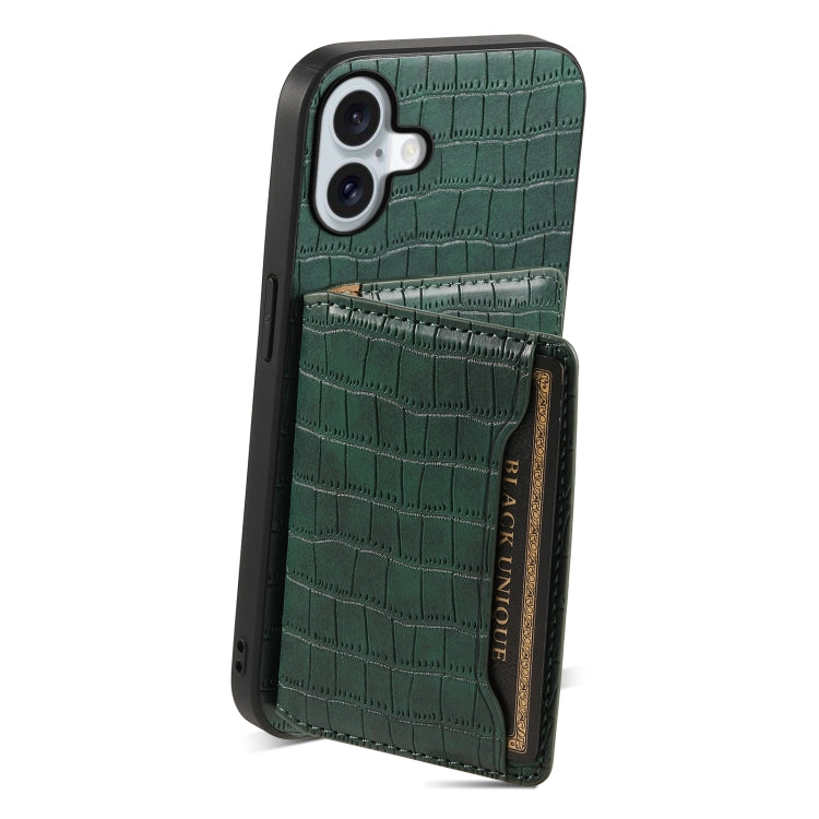 For iPhone 16 Plus Crocodile Texture Card Bag Design Full Coverage Phone Case
