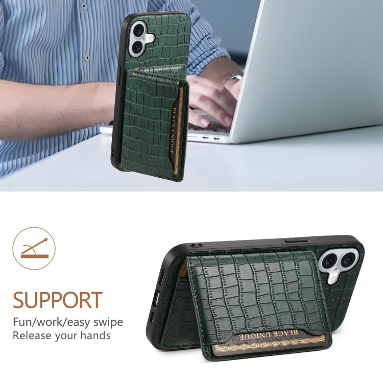 For iPhone 16 Plus Crocodile Texture Card Bag Design Full Coverage Phone Case