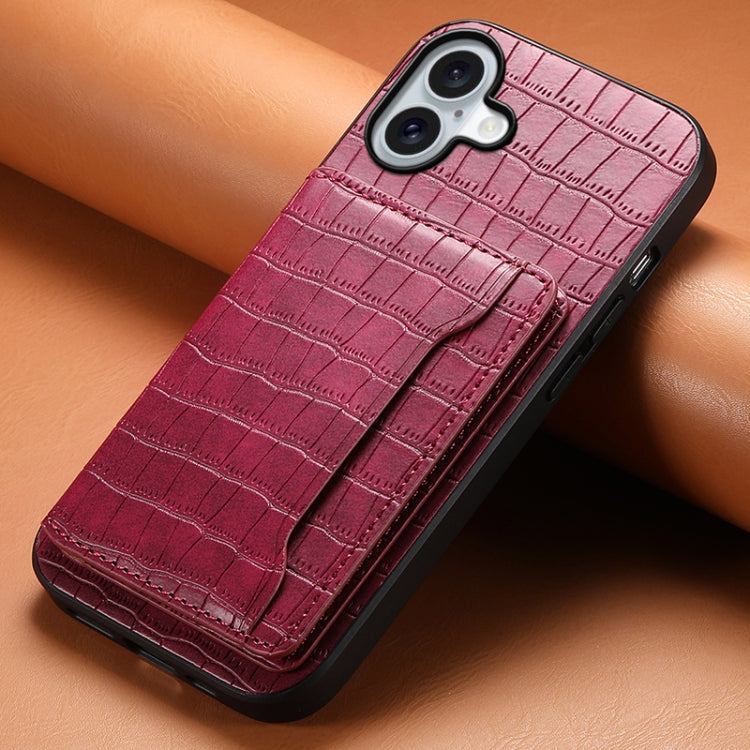 For iPhone 16 Plus Crocodile Texture Card Bag Design Full Coverage Phone Case