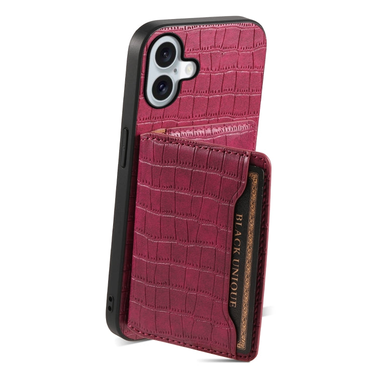 For iPhone 16 Plus Crocodile Texture Card Bag Design Full Coverage Phone Case