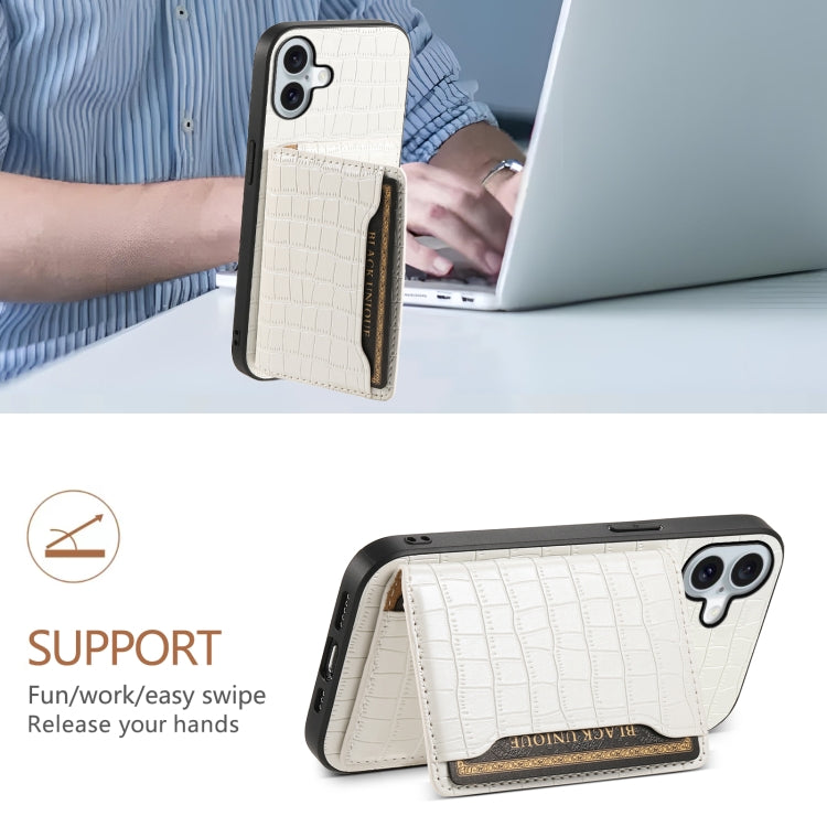 For iPhone 16 Plus Crocodile Texture Card Bag Design Full Coverage Phone Case