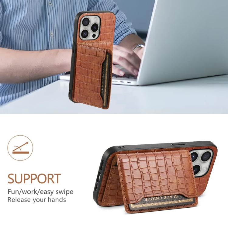 For iPhone 16 Pro Crocodile Texture Card Bag Design Full Coverage Phone Case