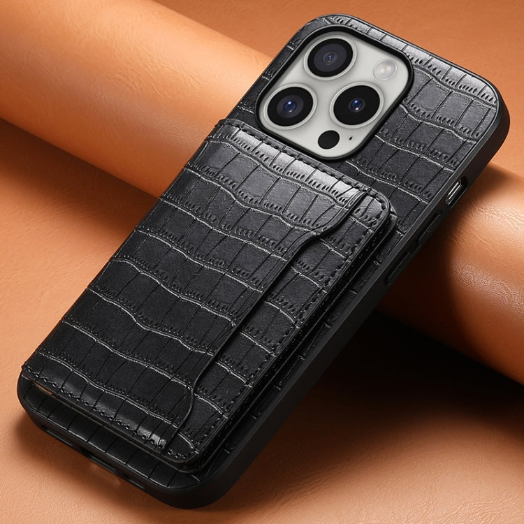 For iPhone 16 Pro Crocodile Texture Card Bag Design Full Coverage Phone Case