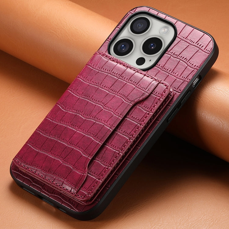 For iPhone 16 Pro Crocodile Texture Card Bag Design Full Coverage Phone Case