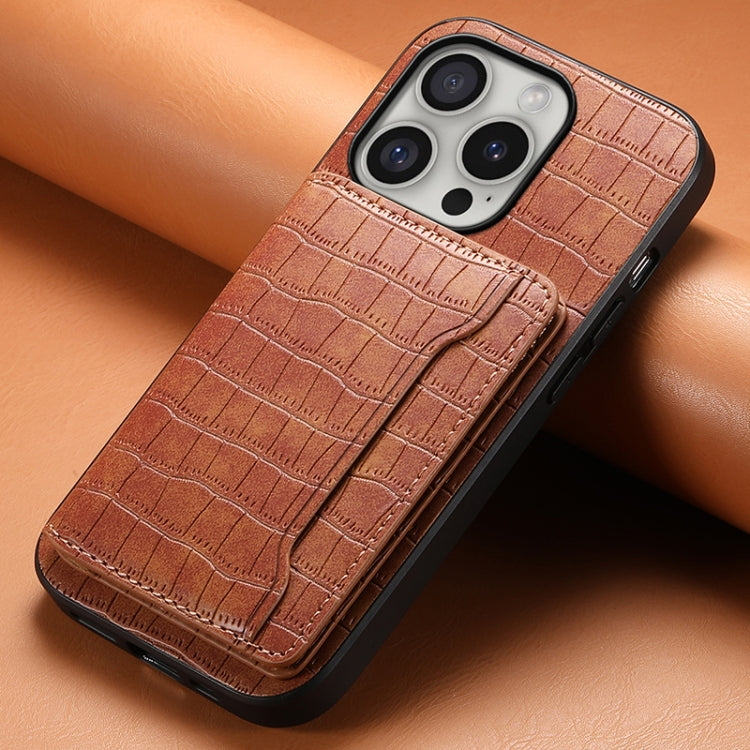For iPhone 16 Pro Max Crocodile Texture Card Bag Design Full Coverage Phone Case