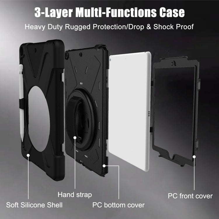 For iPad 10.2 2021 / 2020 / 2019 Shockproof Colorful Silicone + PC Protective Case with Holder & Shoulder Strap & Hand Strap & Pen Slot