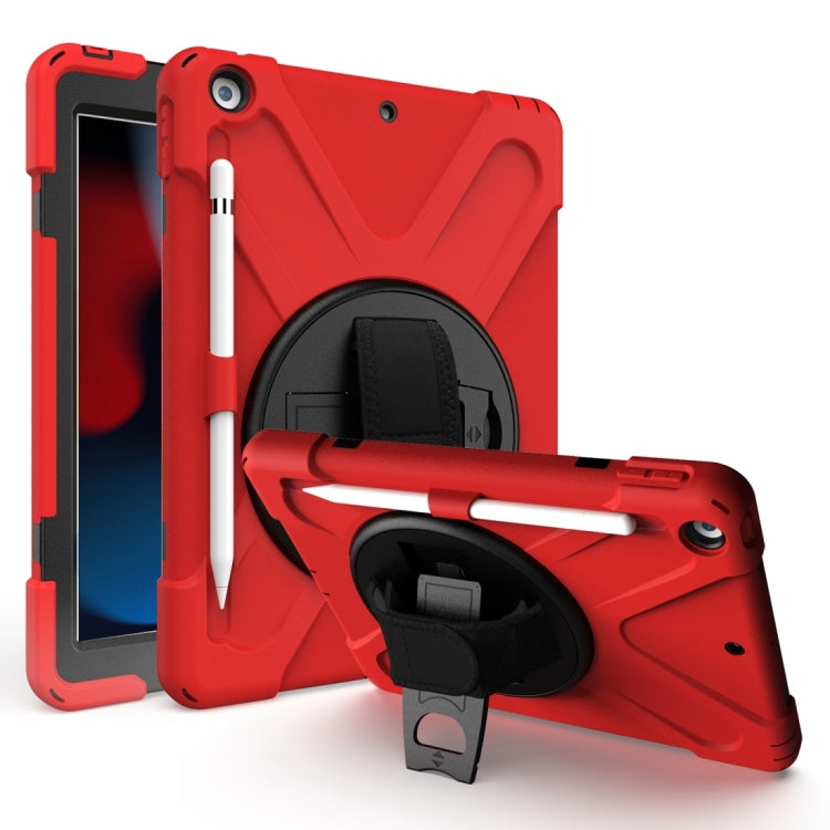 For iPad 10.2 2021 / 2020 / 2019 Shockproof Colorful Silicone + PC Protective Case with Holder & Shoulder Strap & Hand Strap & Pen Slot