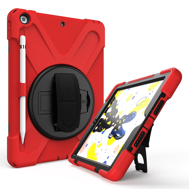 For iPad 10.2 2021 / 2020 / 2019 Shockproof Colorful Silicone + PC Protective Case with Holder & Shoulder Strap & Hand Strap & Pen Slot