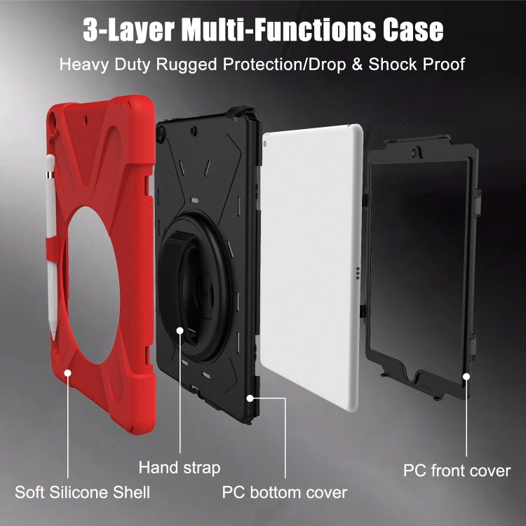 For iPad 10.2 2021 / 2020 / 2019 Shockproof Colorful Silicone + PC Protective Case with Holder & Shoulder Strap & Hand Strap & Pen Slot