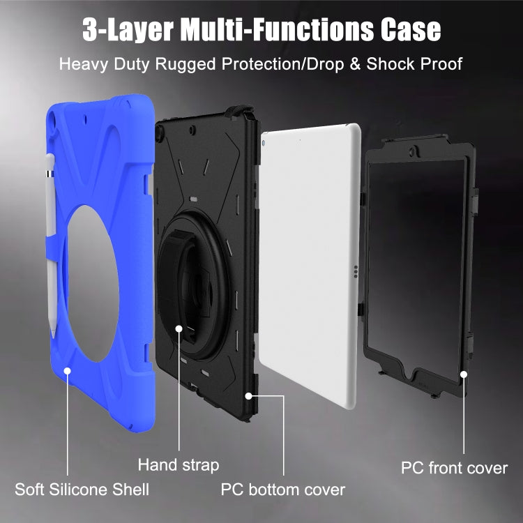 For iPad 10.2 2021 / 2020 / 2019 Shockproof Colorful Silicone + PC Protective Case with Holder & Shoulder Strap & Hand Strap & Pen Slot