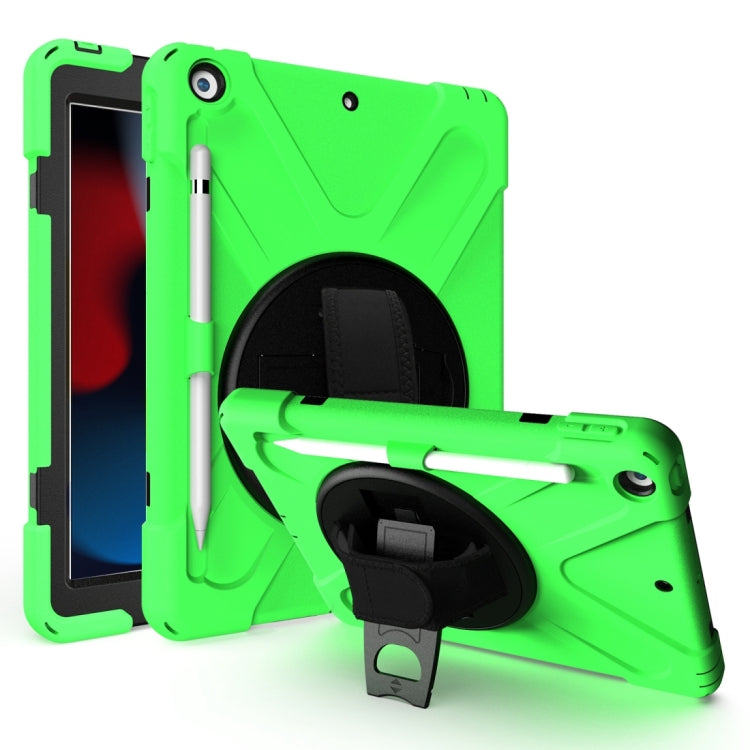 For iPad 10.2 2021 / 2020 / 2019 Shockproof Colorful Silicone + PC Protective Case with Holder & Shoulder Strap & Hand Strap & Pen Slot