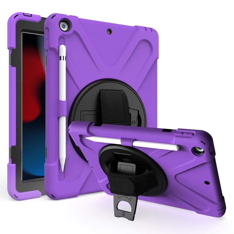 For iPad 10.2 2021 / 2020 / 2019 Shockproof Colorful Silicone + PC Protective Case with Holder & Shoulder Strap & Hand Strap & Pen Slot