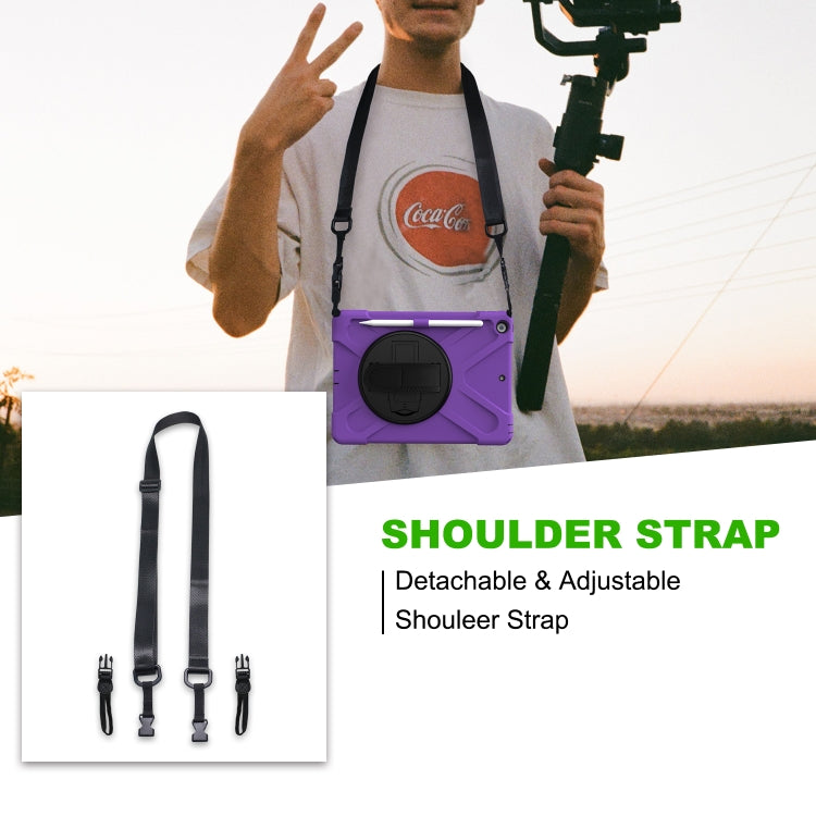 For iPad 10.2 2021 / 2020 / 2019 Shockproof Colorful Silicone + PC Protective Case with Holder & Shoulder Strap & Hand Strap & Pen Slot
