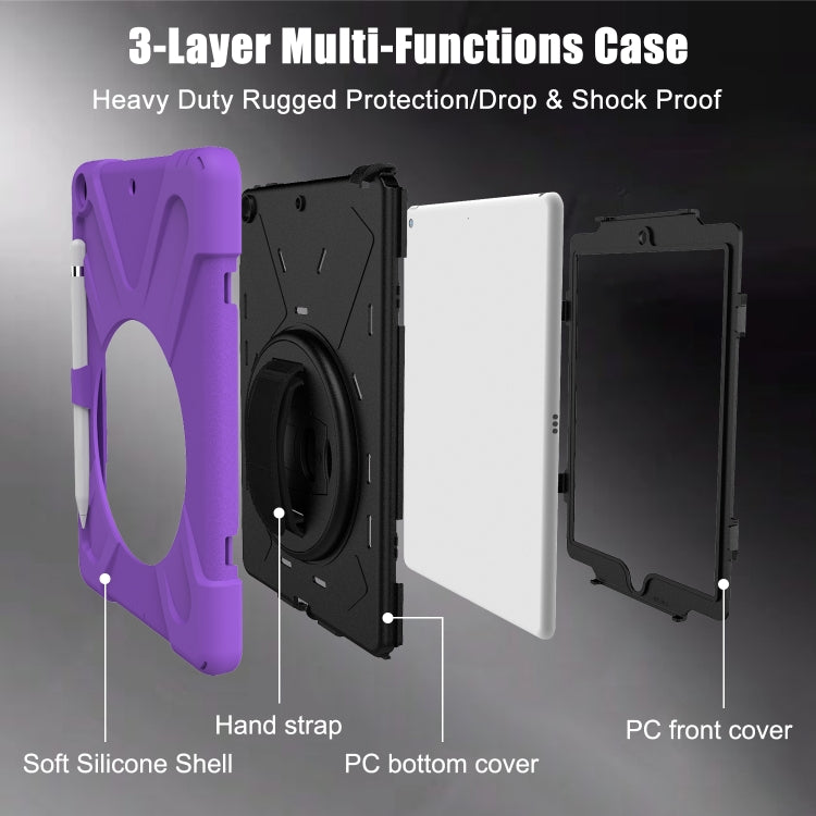 For iPad 10.2 2021 / 2020 / 2019 Shockproof Colorful Silicone + PC Protective Case with Holder & Shoulder Strap & Hand Strap & Pen Slot