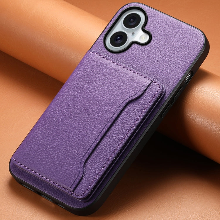 For iPhone 16 Plus Calf Texture Card Bag Design Full Coverage Phone Case