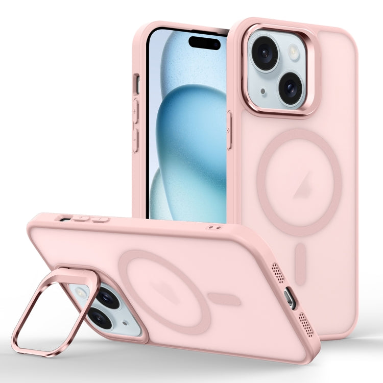 For iPhone 15 Plus Skin Feel Lens Holder Magsafe Phone Case