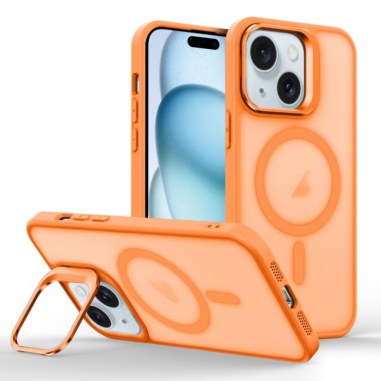 For iPhone 15 Skin Feel Lens Holder Magsafe Phone Case