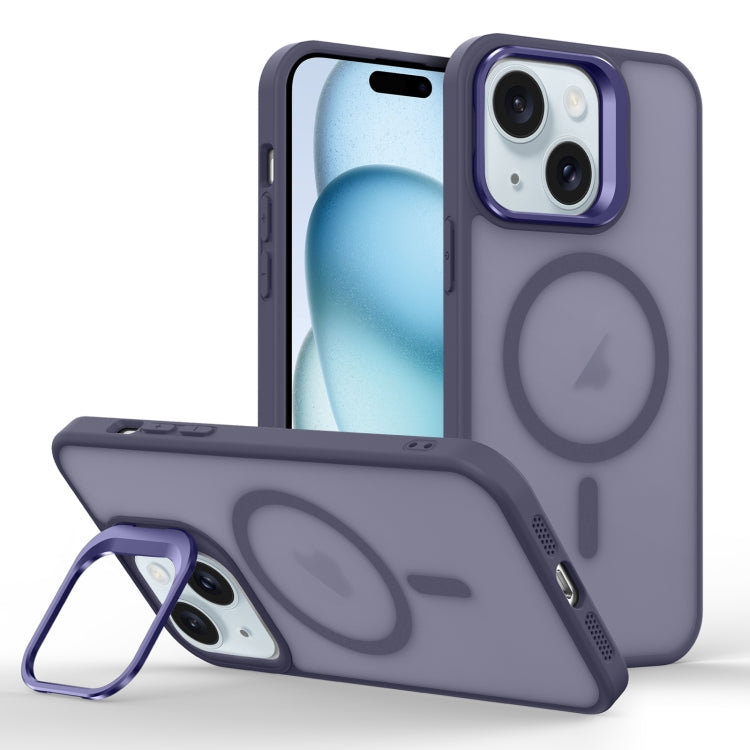 For iPhone 15 Skin Feel Lens Holder Magsafe Phone Case