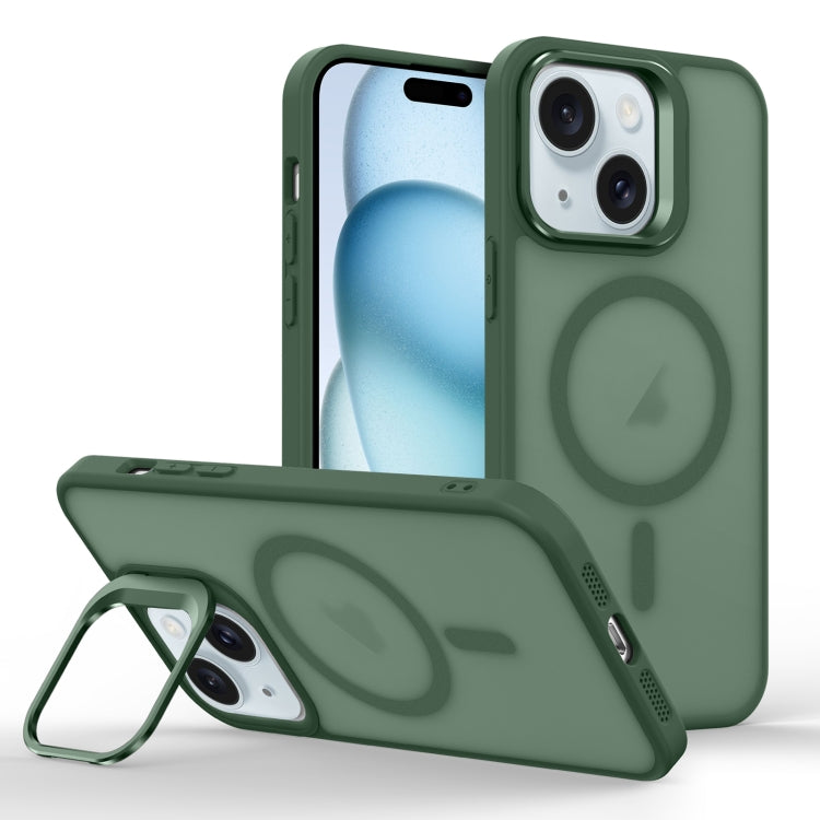 For iPhone 15 Skin Feel Lens Holder Magsafe Phone Case