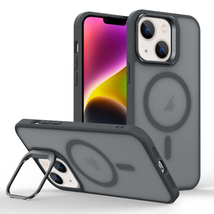 For iPhone 14 Plus Skin Feel Lens Holder Magsafe Phone Case