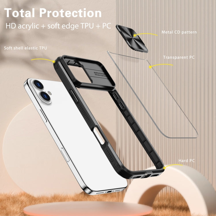 For iPhone 16 Plus Sliding Camshield Acrylic Hybrid TPU Phone Case