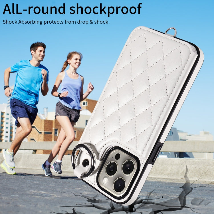 For iPhone 15 Pro Max Rhombic Texture Card Bag Phone Case with Short Lanyard