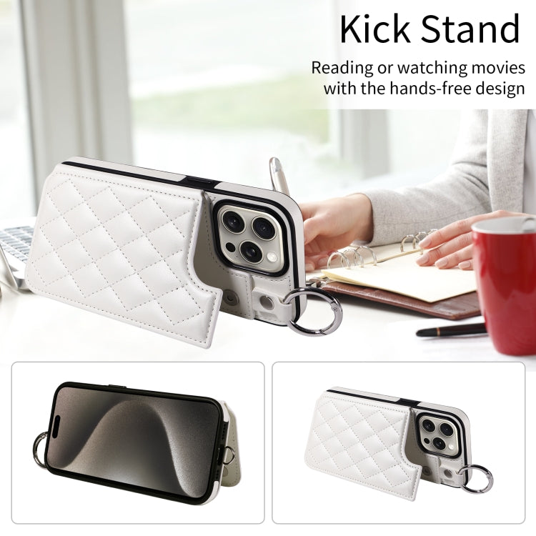 For iPhone 15 Pro Max Rhombic Texture Card Bag Phone Case with Short Lanyard