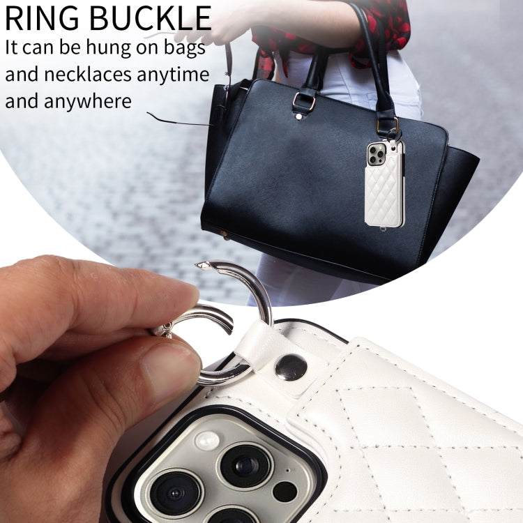 For iPhone 15 Pro Max Rhombic Texture Card Bag Phone Case with Short Lanyard