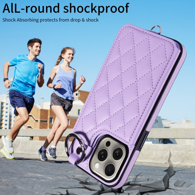 For iPhone 15 Pro Max Rhombic Texture Card Bag Phone Case with Short Lanyard