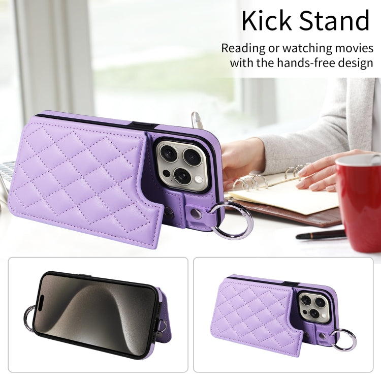 For iPhone 15 Pro Max Rhombic Texture Card Bag Phone Case with Short Lanyard