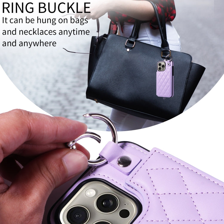 For iPhone 15 Pro Max Rhombic Texture Card Bag Phone Case with Short Lanyard