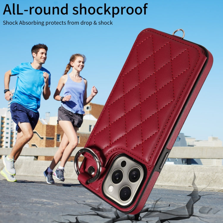 For iPhone 15 Pro Max Rhombic Texture Card Bag Phone Case with Short Lanyard