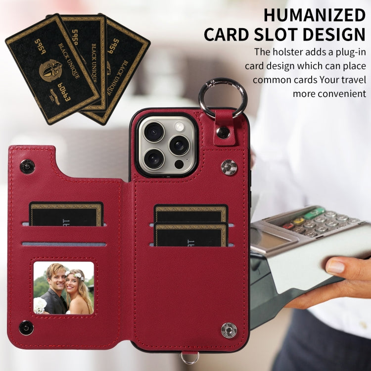 For iPhone 15 Pro Max Rhombic Texture Card Bag Phone Case with Short Lanyard