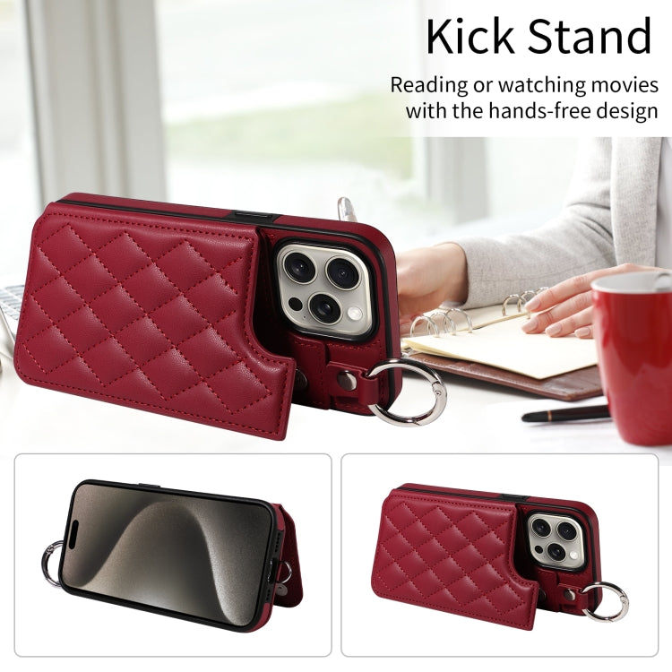 For iPhone 15 Pro Max Rhombic Texture Card Bag Phone Case with Short Lanyard