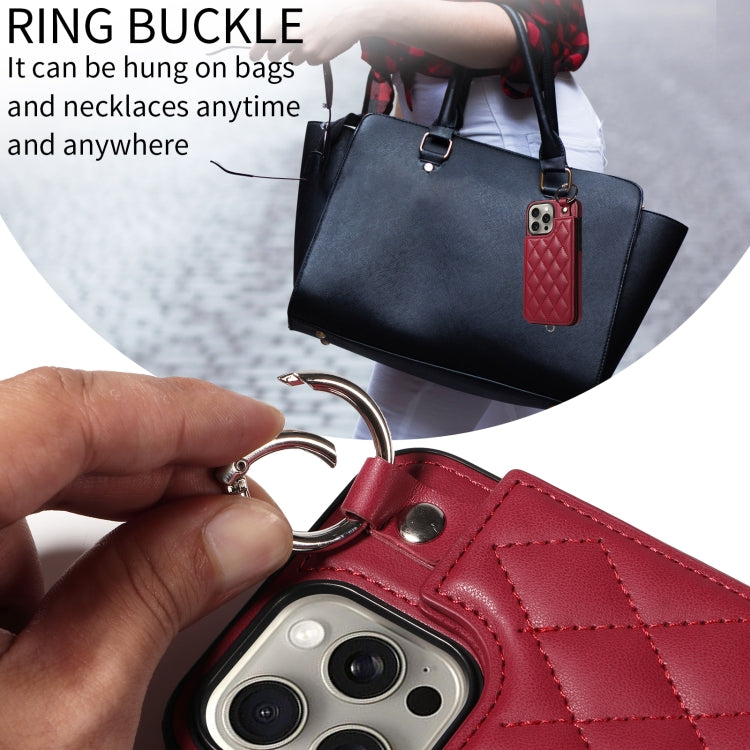 For iPhone 15 Pro Max Rhombic Texture Card Bag Phone Case with Short Lanyard