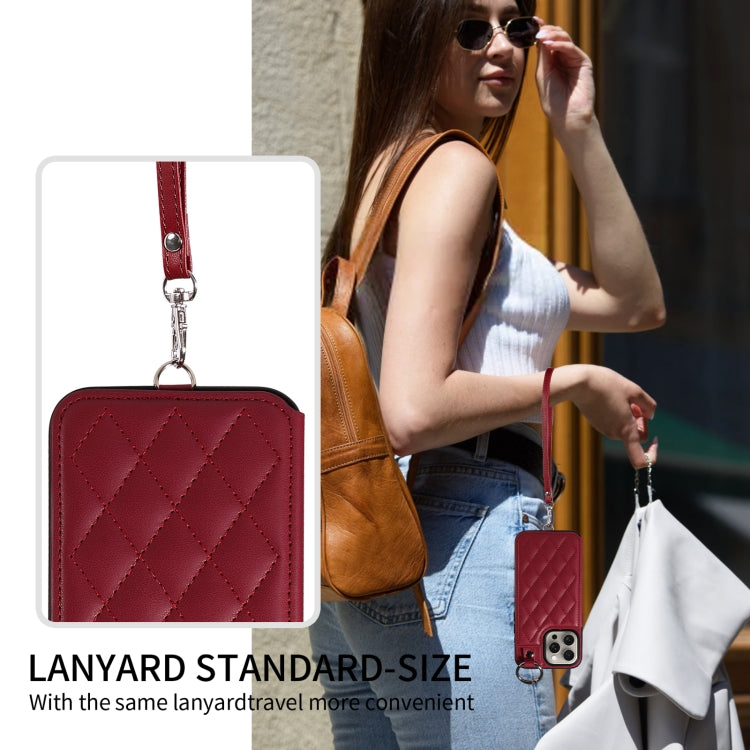 For iPhone 15 Pro Max Rhombic Texture Card Bag Phone Case with Short Lanyard