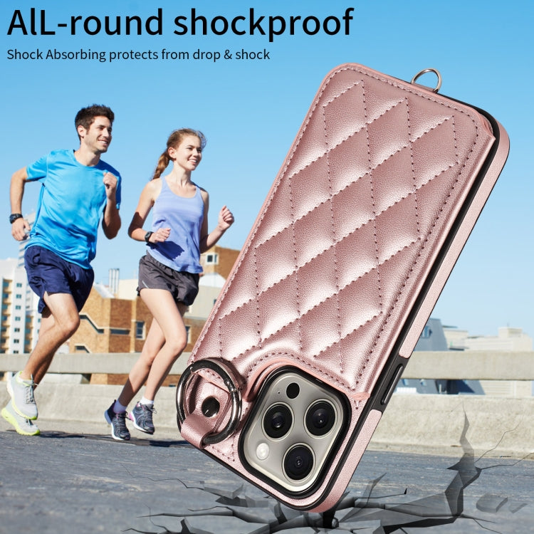 For iPhone 15 Pro Max Rhombic Texture Card Bag Phone Case with Short Lanyard