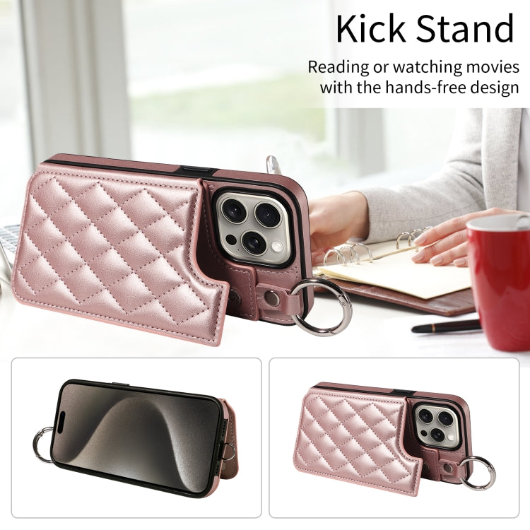 For iPhone 15 Pro Max Rhombic Texture Card Bag Phone Case with Short Lanyard