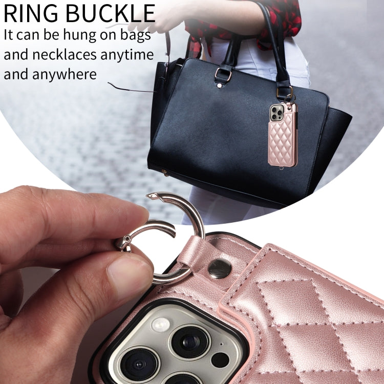 For iPhone 15 Pro Max Rhombic Texture Card Bag Phone Case with Short Lanyard