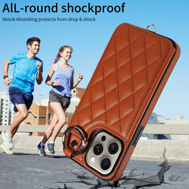 For iPhone 15 Pro Max Rhombic Texture Card Bag Phone Case with Short Lanyard
