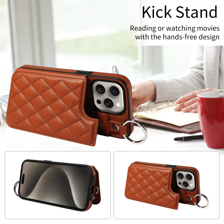 For iPhone 15 Pro Max Rhombic Texture Card Bag Phone Case with Short Lanyard