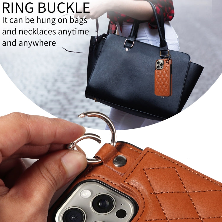For iPhone 15 Pro Max Rhombic Texture Card Bag Phone Case with Short Lanyard