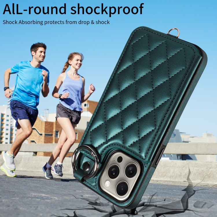 For iPhone 15 Pro Max Rhombic Texture Card Bag Phone Case with Short Lanyard