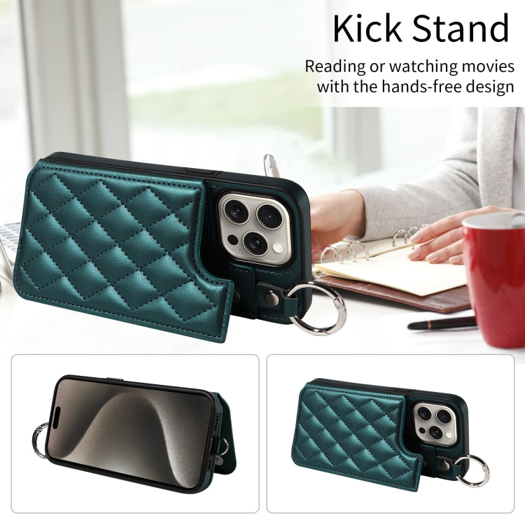 For iPhone 15 Pro Max Rhombic Texture Card Bag Phone Case with Short Lanyard