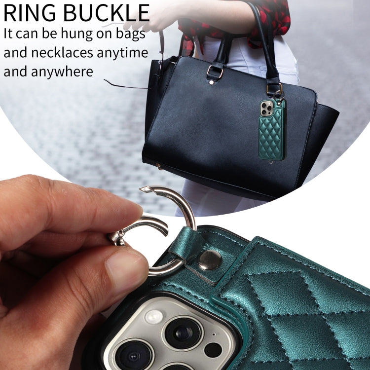 For iPhone 15 Pro Max Rhombic Texture Card Bag Phone Case with Short Lanyard
