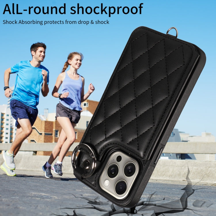 For iPhone 15 Pro Max Rhombic Texture Card Bag Phone Case with Short Lanyard