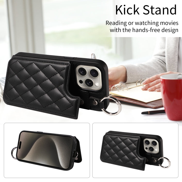 For iPhone 15 Pro Max Rhombic Texture Card Bag Phone Case with Short Lanyard