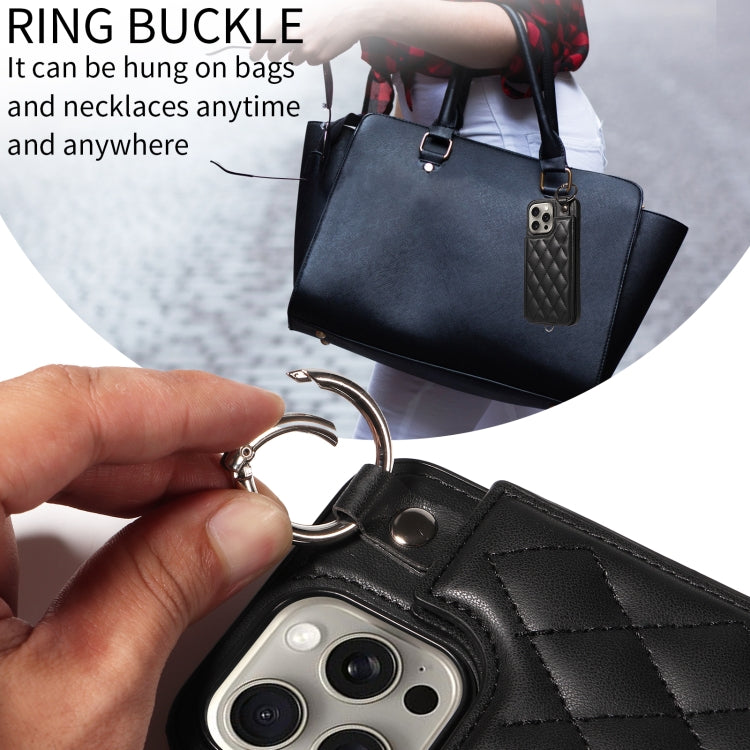 For iPhone 15 Pro Max Rhombic Texture Card Bag Phone Case with Short Lanyard