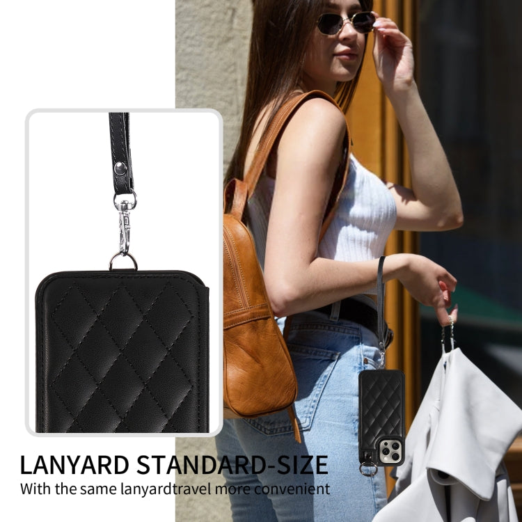 For iPhone 15 Pro Max Rhombic Texture Card Bag Phone Case with Short Lanyard