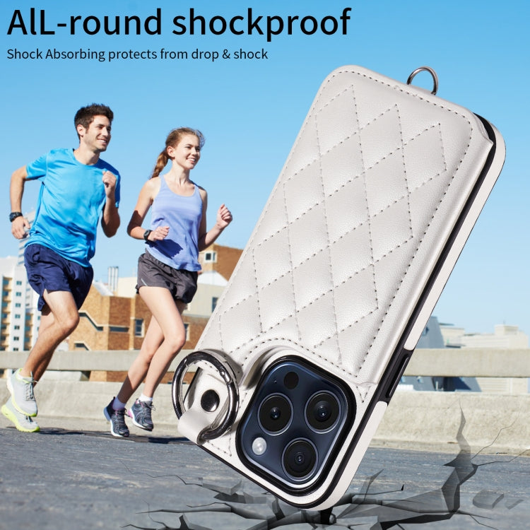For iPhone 15 Pro Rhombic Texture Card Bag Phone Case with Short Lanyard